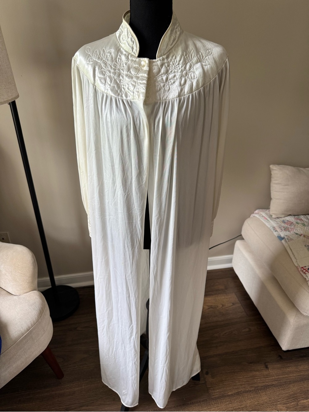 Classic Cream Embroidered Satin Robe Cape